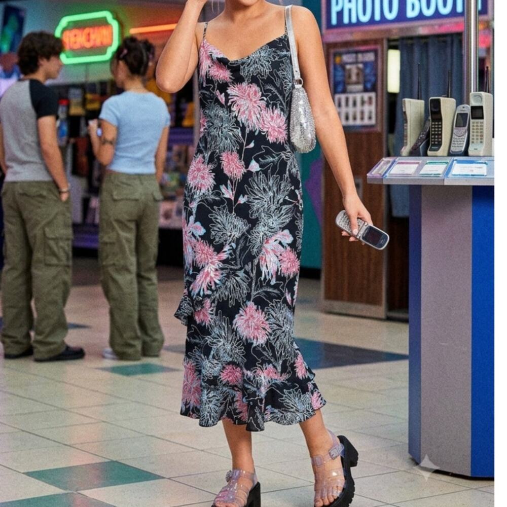 Dress U Vintage Y2K deadstock chrysanthemum flower bias cut floral midi dress